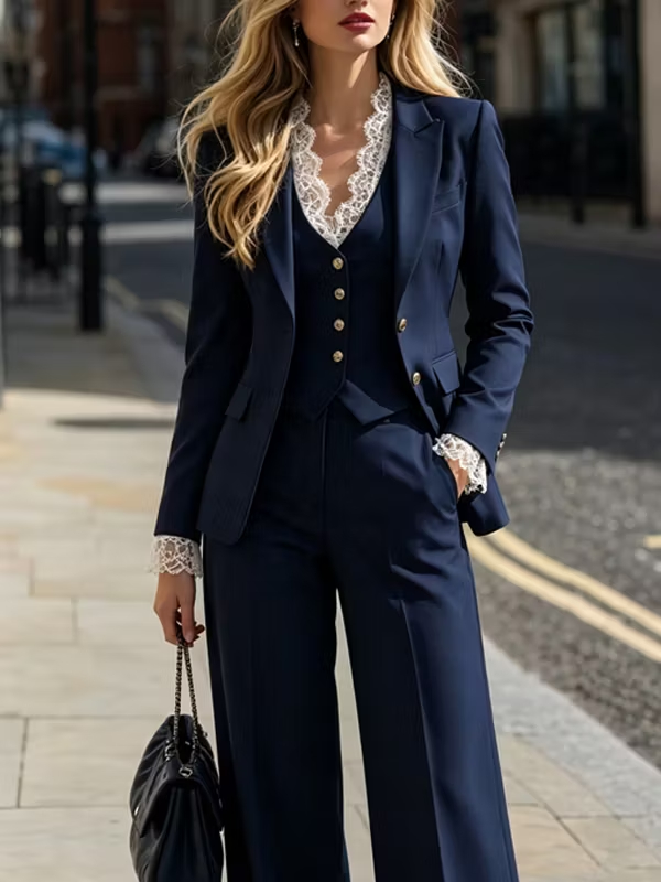 Navy Blue Minimalist Lace Vest And Pants 3-Piece Suit