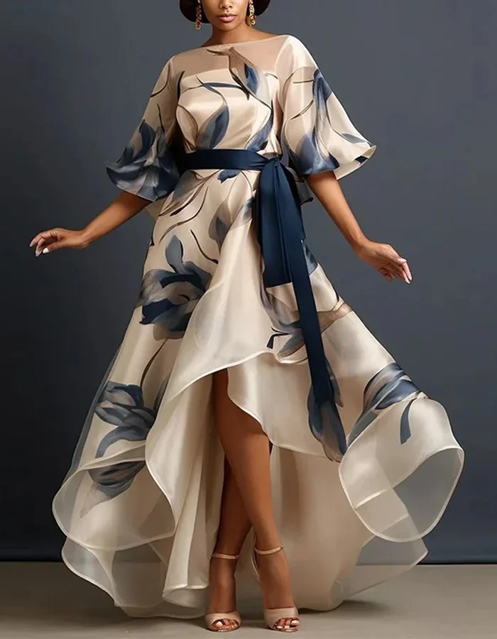 Elegant Navy Floral Organza Gown with High-Low Hem and Sash Belt