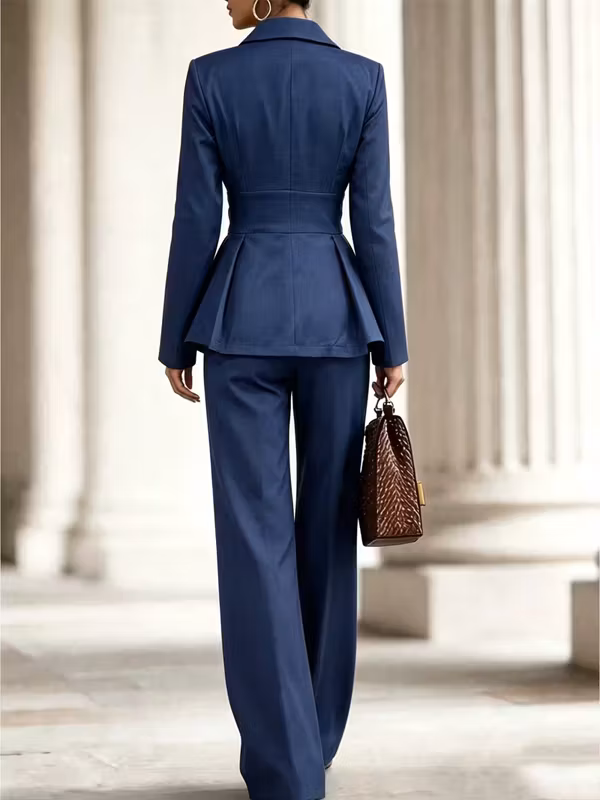 Deep Navy Fitted Ruffled Blazer And High-waisted Wide-leg Pants 2-Piece Suit