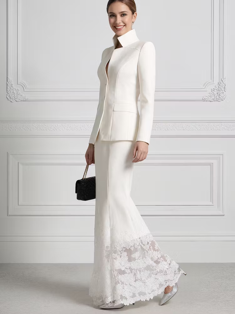 White Stand Up Collar Fitted Blazer And Lace Trimmed Fishtail Skirt 2-Piece Suit