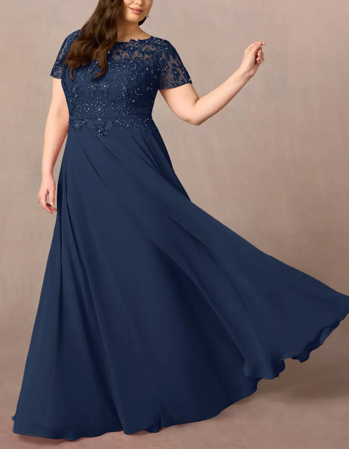 Dark Navy Sequined Chiffon A-Line Maxi Dress