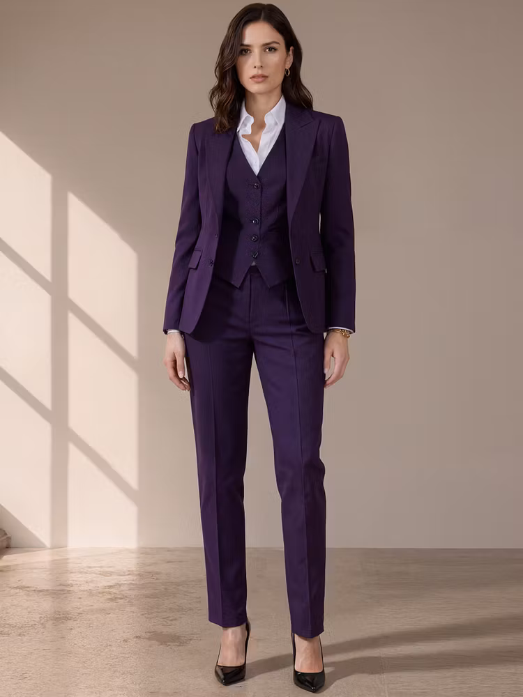 Dark Purple Peak Lapel Blazer Paired With A Single Breasted Vest And Straight Leg Pants 3-Piece Suit