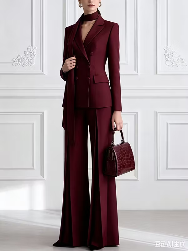 Burgundy Double-Breasted Notched Lapel Ribbon Scarf Fitted Blazer & Pleated Wide-Leg Pants 2-Piece Suit