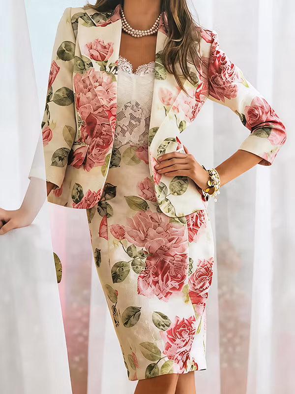 Pink Rose Floral Printed Three-Quarter Sleeve Blazer & Midi Pencil Skirt 2-Piece Suit