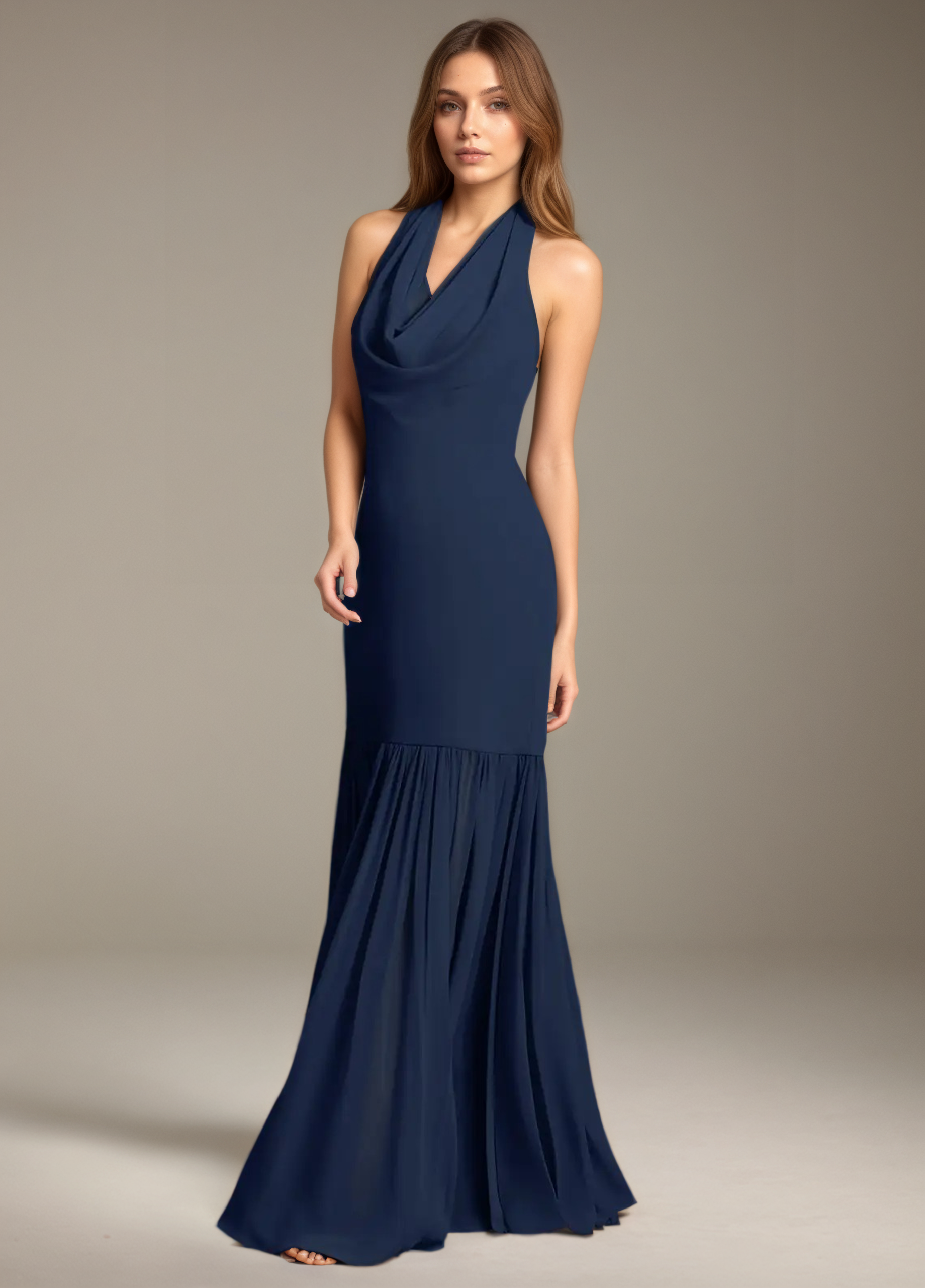 Navy Blue Halter Mermaid Evening Dress