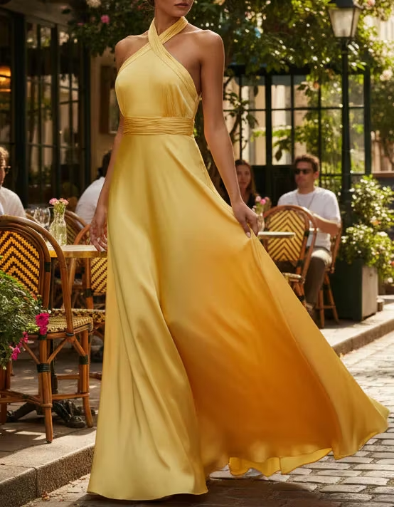 Golden Yellow Satin Halter Neck Fitted Waist A-line Maxi Dress
