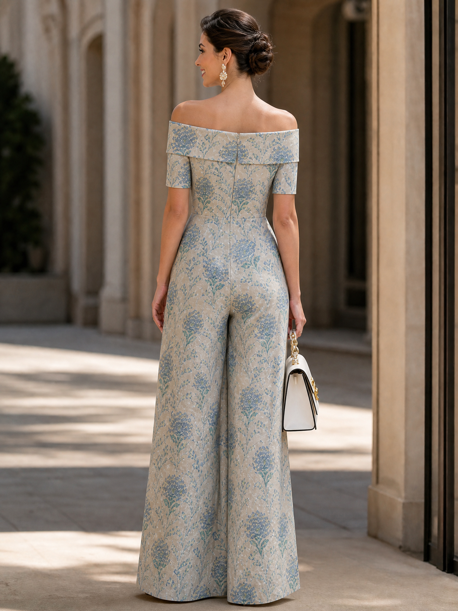 Champagne Off-Shoulder 3D Floral Appliqué Botanical Print Wide-Leg Jumpsuit