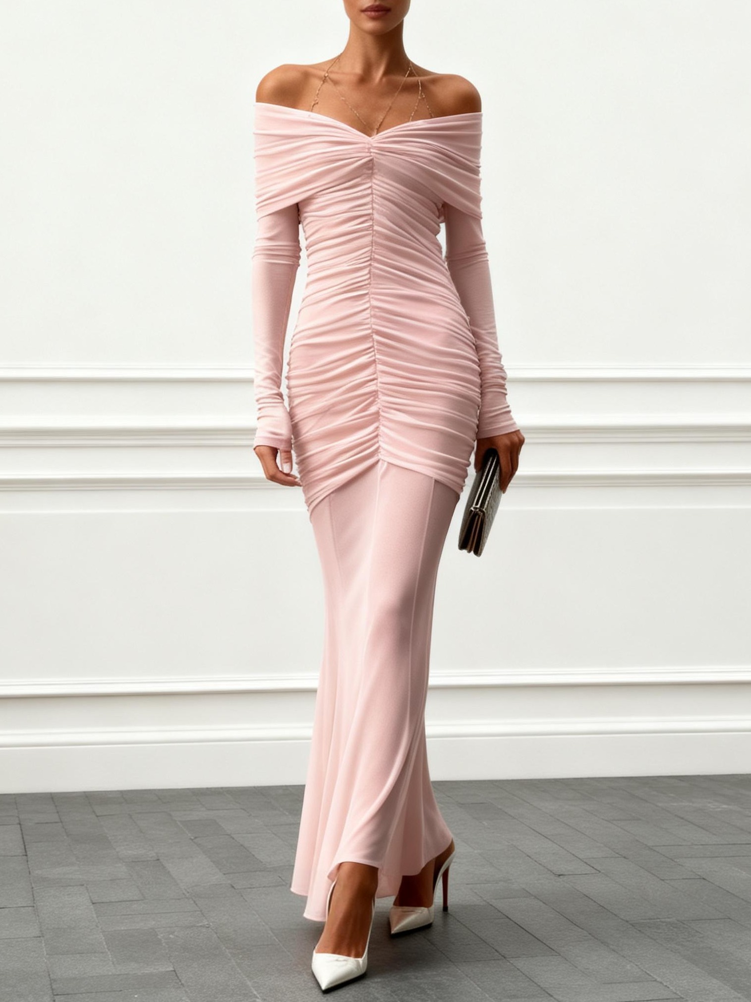 Pink Ruched Split Joint Knit Off The Shoulder Long Sleeve Mermaid Maxi Dress