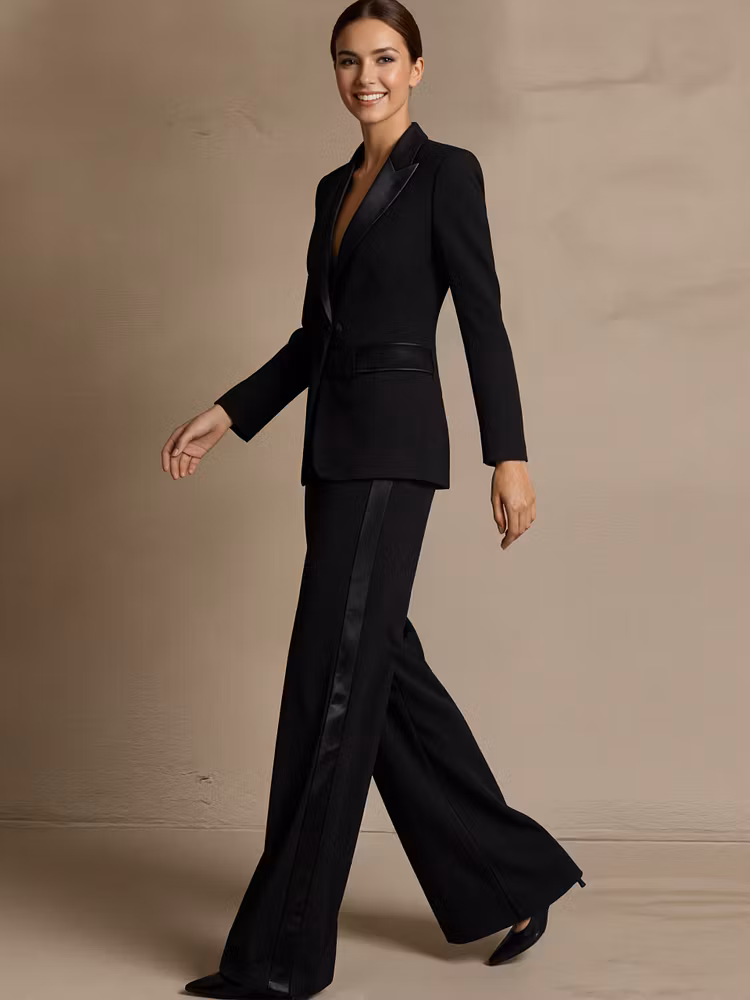 Black Satin Peak Lapel Blazer Paired With Wide Leg Pants 2-Piece Suit