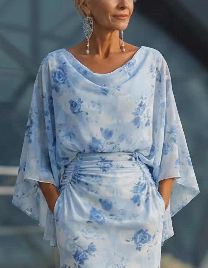 Sky Blue Floral Chiffon Batwing Sleeve Pleated Maxi Dress