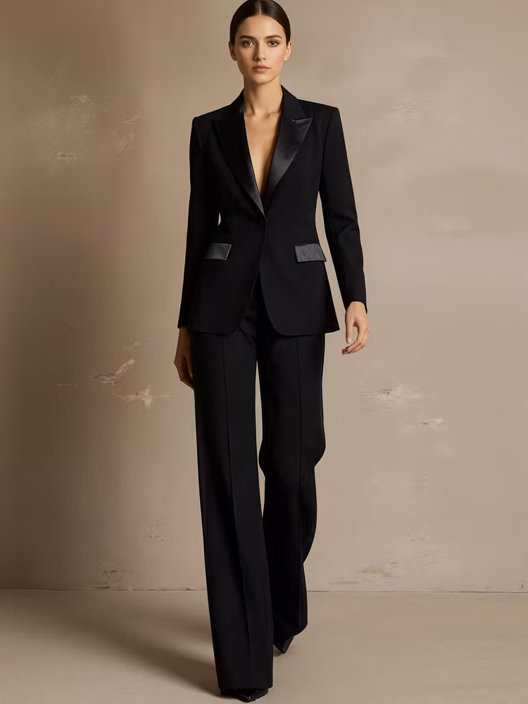 Black Satin Peak Lapel Blazer Paired With Wide Leg Pants 2-Piece Suit
