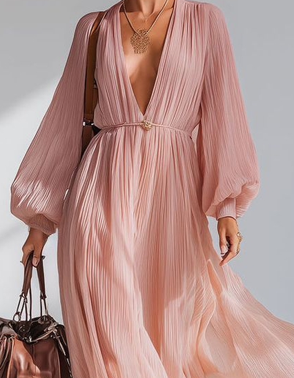 Pink Chiffon Deep V-Neck Puff Sleeves Maxi Dress