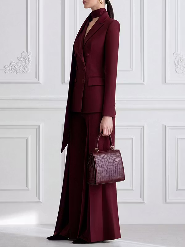 Burgundy Double-Breasted Notched Lapel Ribbon Scarf Fitted Blazer & Pleated Wide-Leg Pants 2-Piece Suit