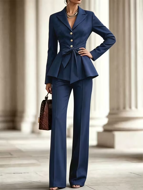 Deep Navy Fitted Ruffled Blazer And High-waisted Wide-leg Pants 2-Piece Suit