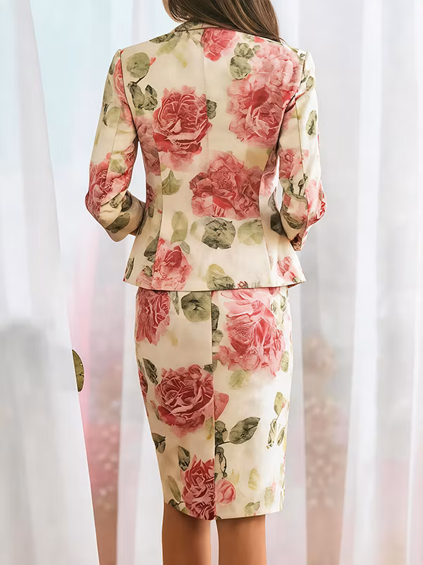 Pink Rose Floral Printed Three-Quarter Sleeve Blazer & Midi Pencil Skirt 2-Piece Suit