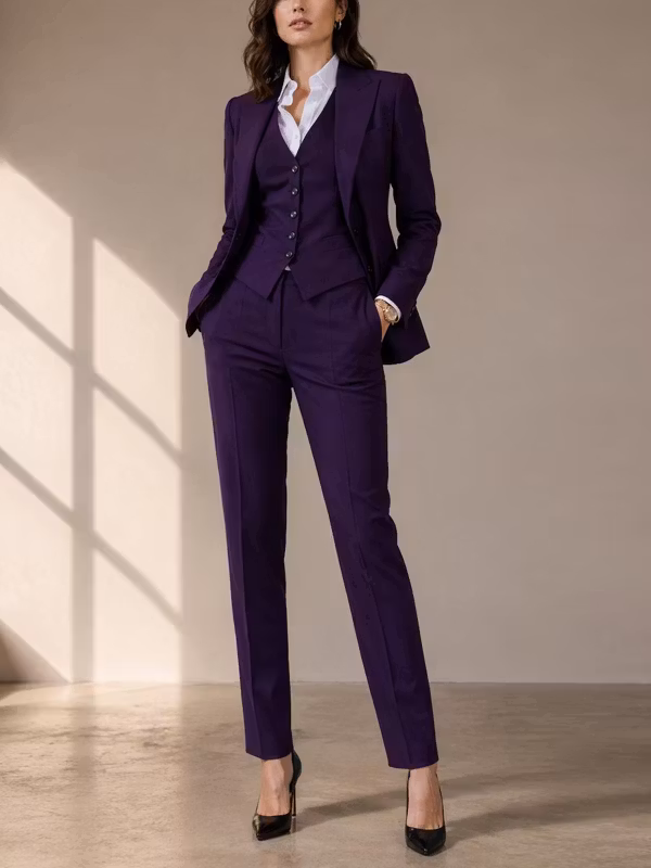 Dark Purple Peak Lapel Blazer Paired With A Single Breasted Vest And Straight Leg Pants 3-Piece Suit