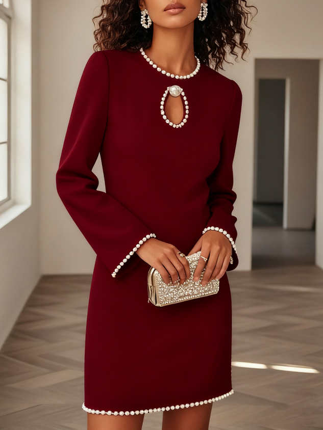 White Pearl Hollow Out Classic Crew Neck Long Sleeve Shift Mini Dress