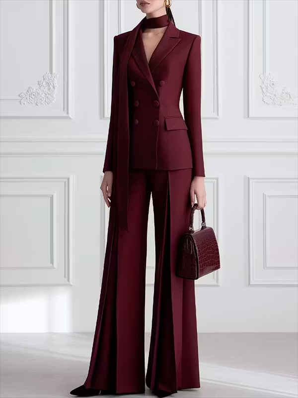 Burgundy Double-Breasted Notched Lapel Ribbon Scarf Fitted Blazer & Pleated Wide-Leg Pants 2-Piece Suit