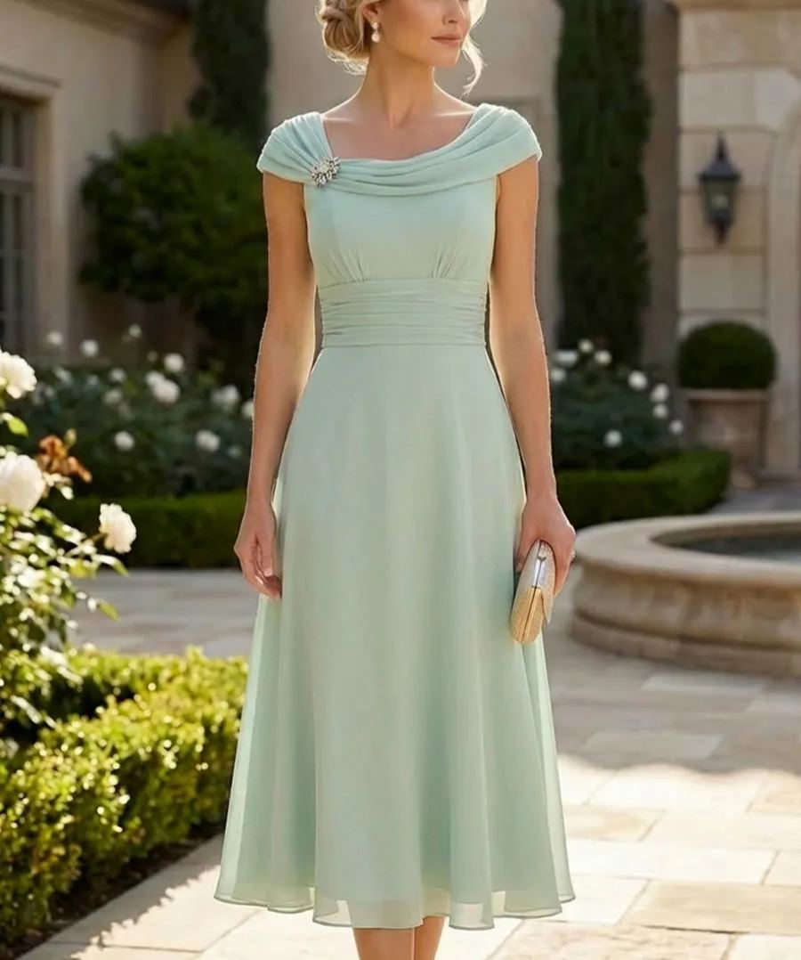 Lightweight Sheath Tea-Length Chiffon Mother of the Bride & Groom Dresses with Cowl Neck & Ruched Waist
