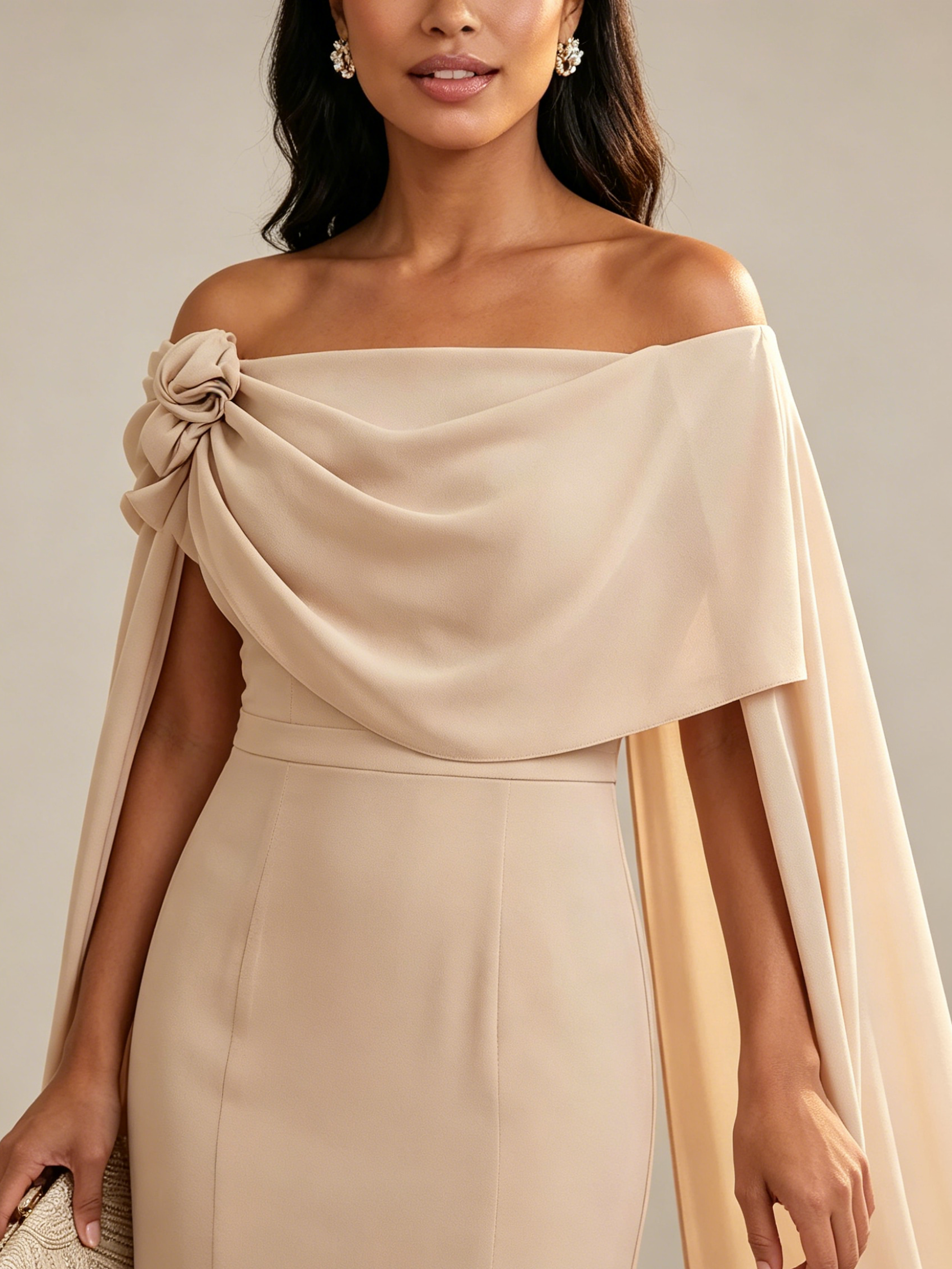 A-Line Chiffon Off-Shoulder Drape Floor-Length Mother of the Bride Dresses with Applique