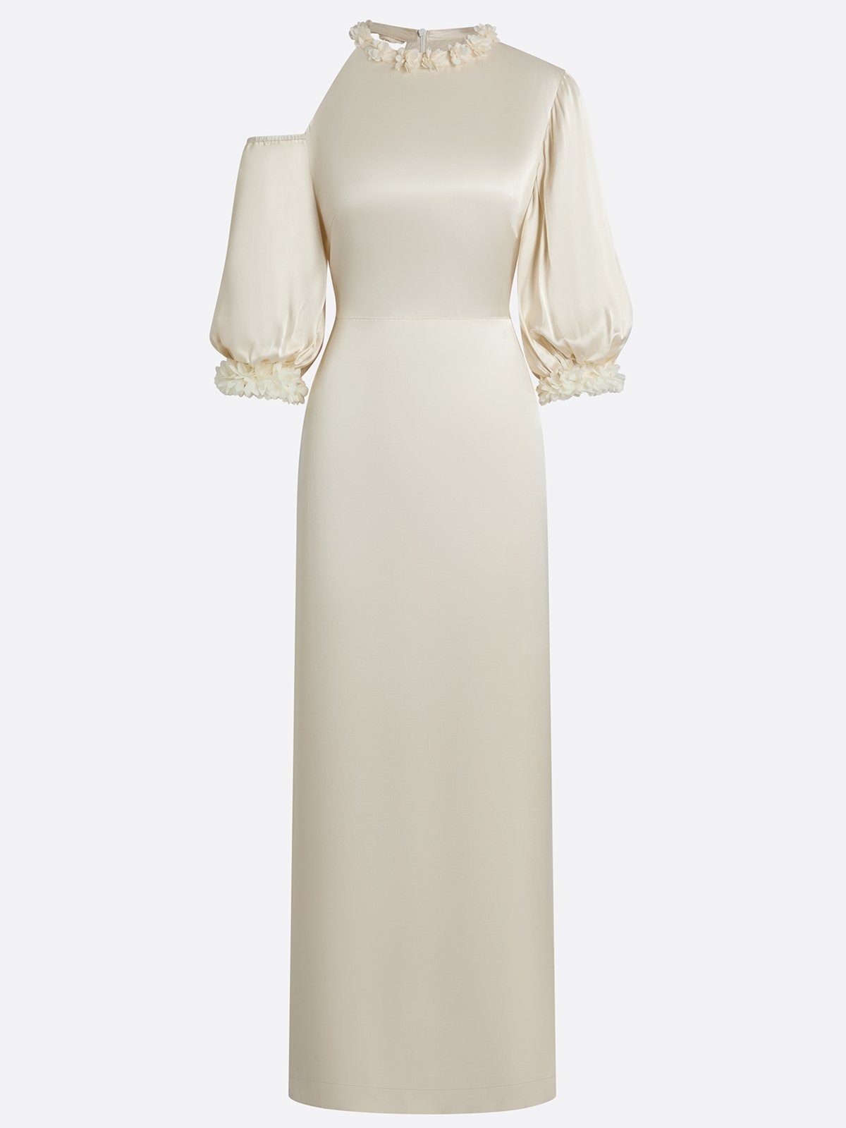 White 3D Floral Classic Asymmetrical Half Sleeve Balloon Sleeve Sheath Maxi Dress