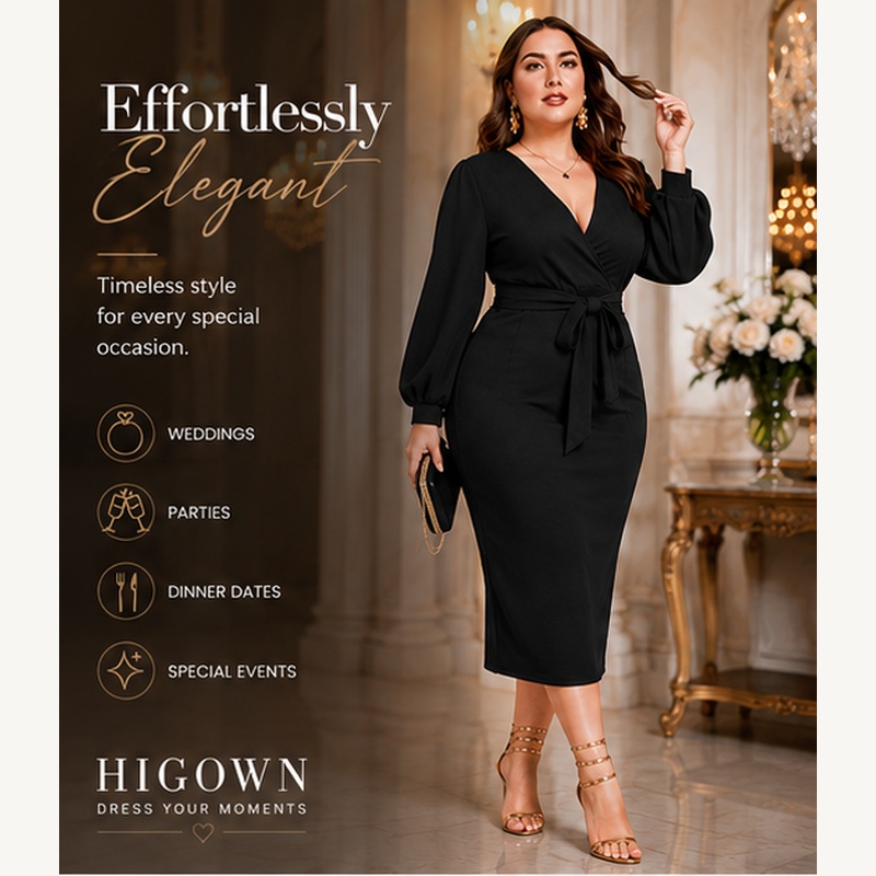 Women's Plus Size V Neck Lantern Sleeve Midi Belted Bodycon Dress