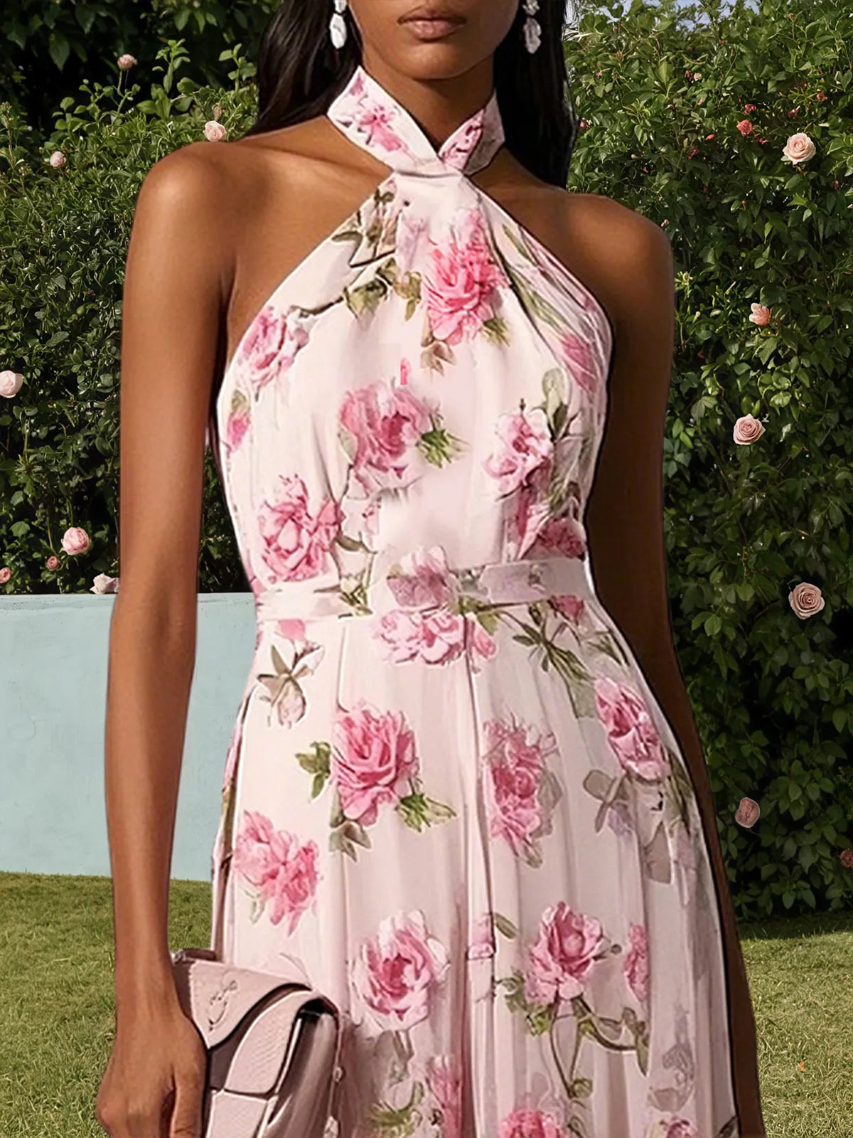 Pink Classic Floral Halter Short Sleeve A-Line Maxi Dress