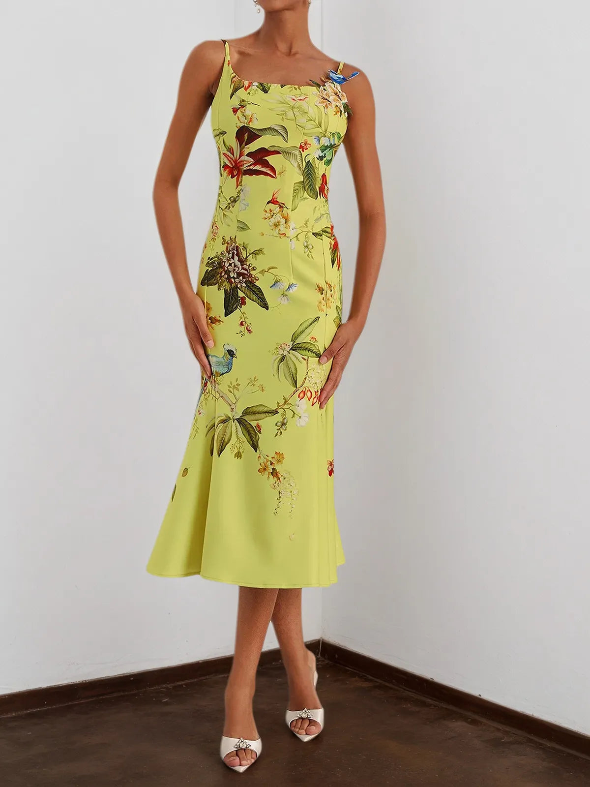 Yellow Floral Applique Spaghetti Mermaid Midi Dress