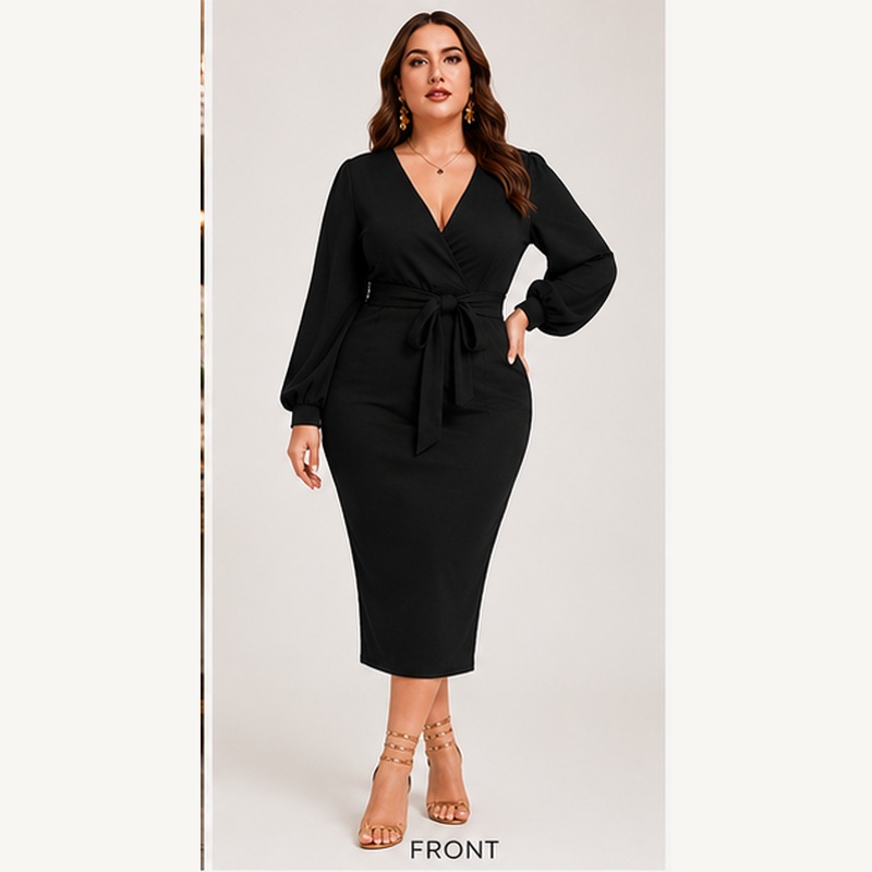 Women's Plus Size V Neck Lantern Sleeve Midi Belted Bodycon Dress