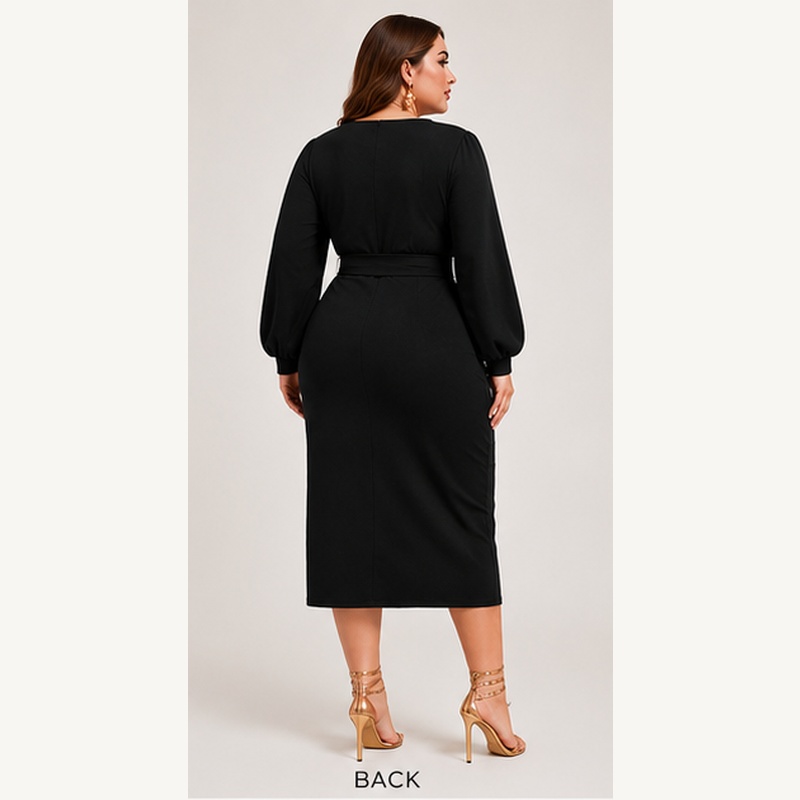 Women's Plus Size V Neck Lantern Sleeve Midi Belted Bodycon Dress