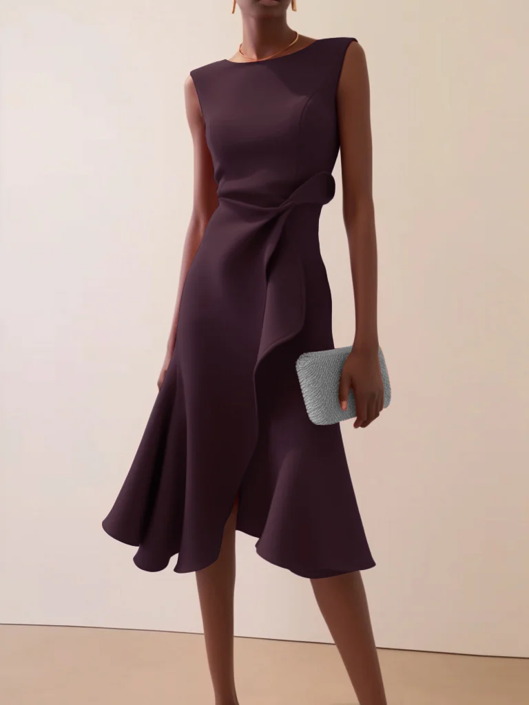 Red Asymmetric Ruffled Classic Boat Neck Sleeveless Midi Elegant A-line Dress with Waist Twist for Day-to-Night