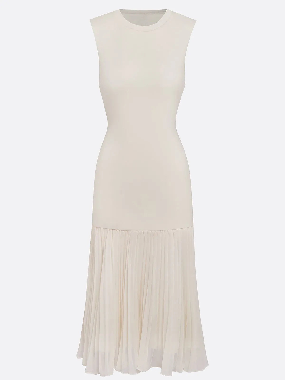 Beige Pleated Knit Crew Neck Sleeveless A-Line Midi Jersey Dress
