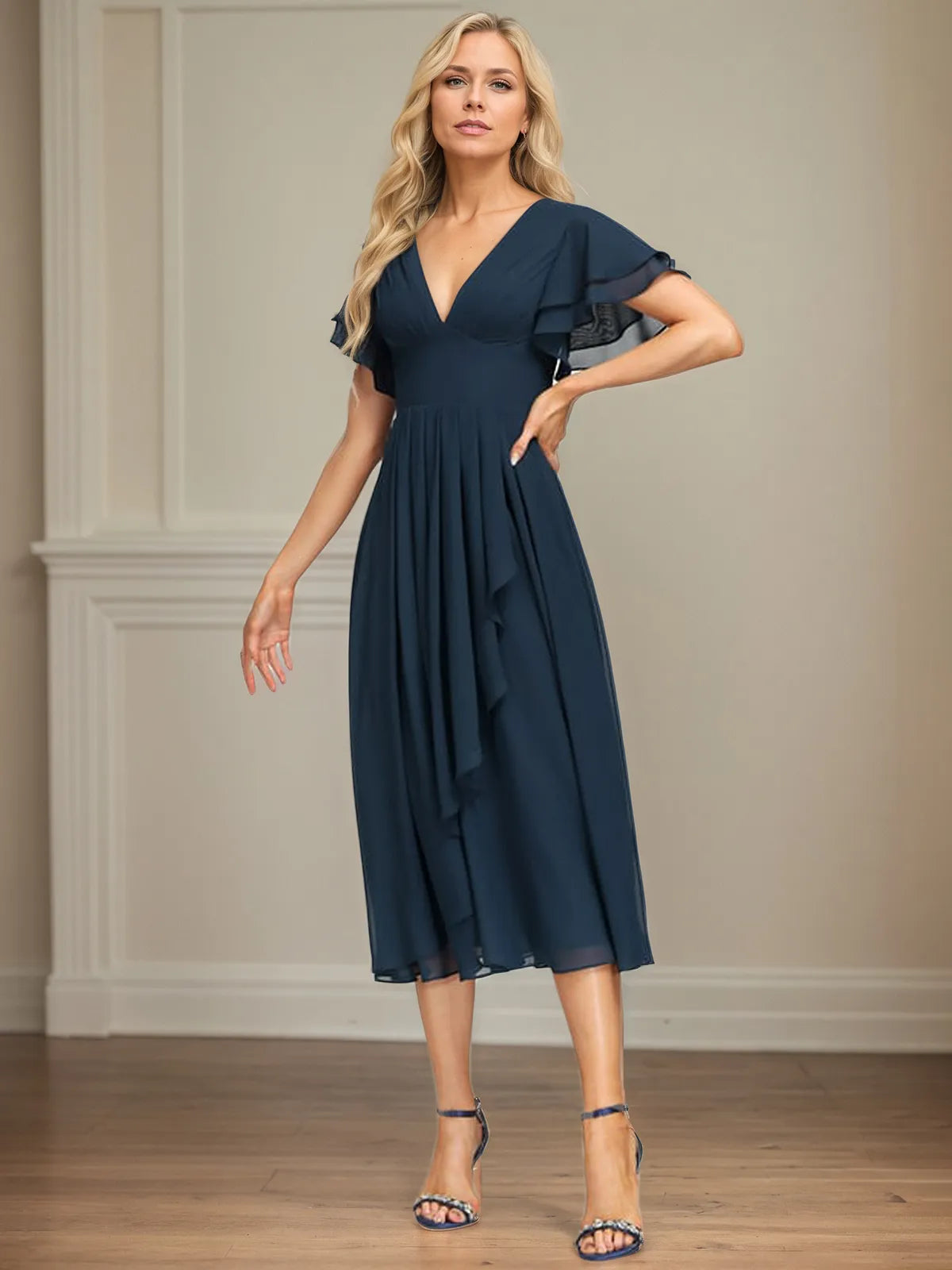 A Line V-Neck Tea Length Chiffon Dress With Cascading Ruffles