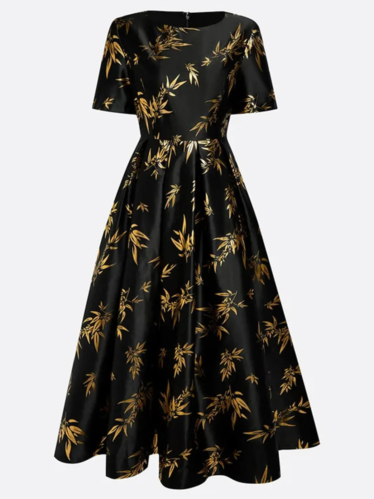 Black Gold Hot Stamping Floral Short Sleeve A-Line Maxi Dress