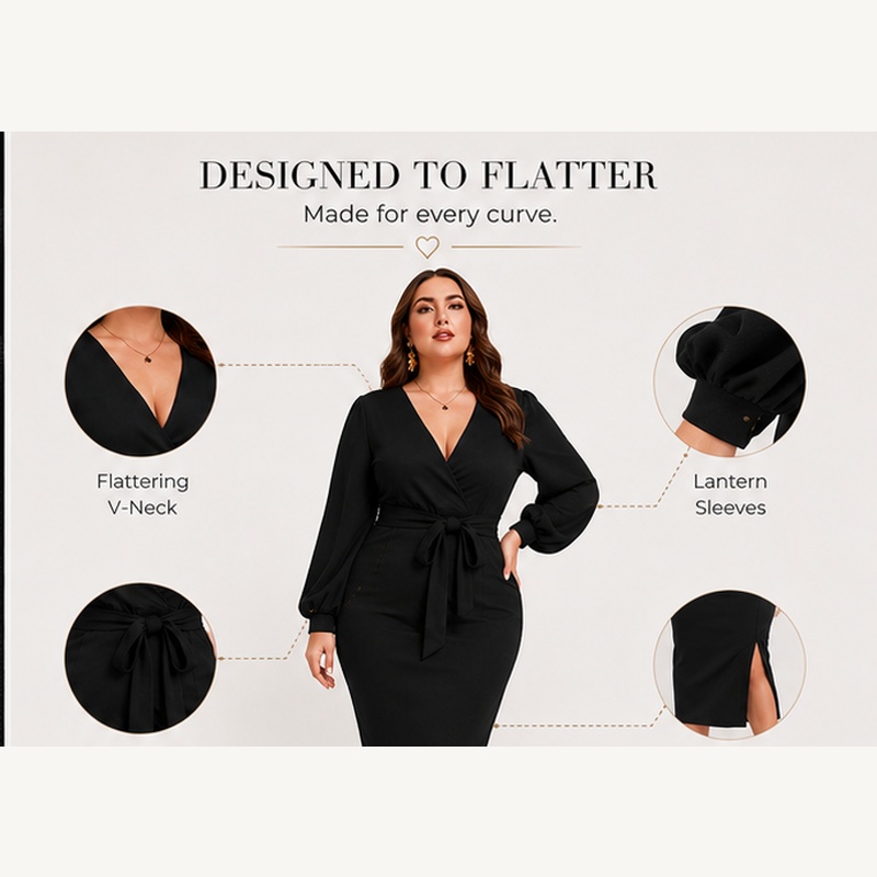 Women's Plus Size V Neck Lantern Sleeve Midi Belted Bodycon Dress