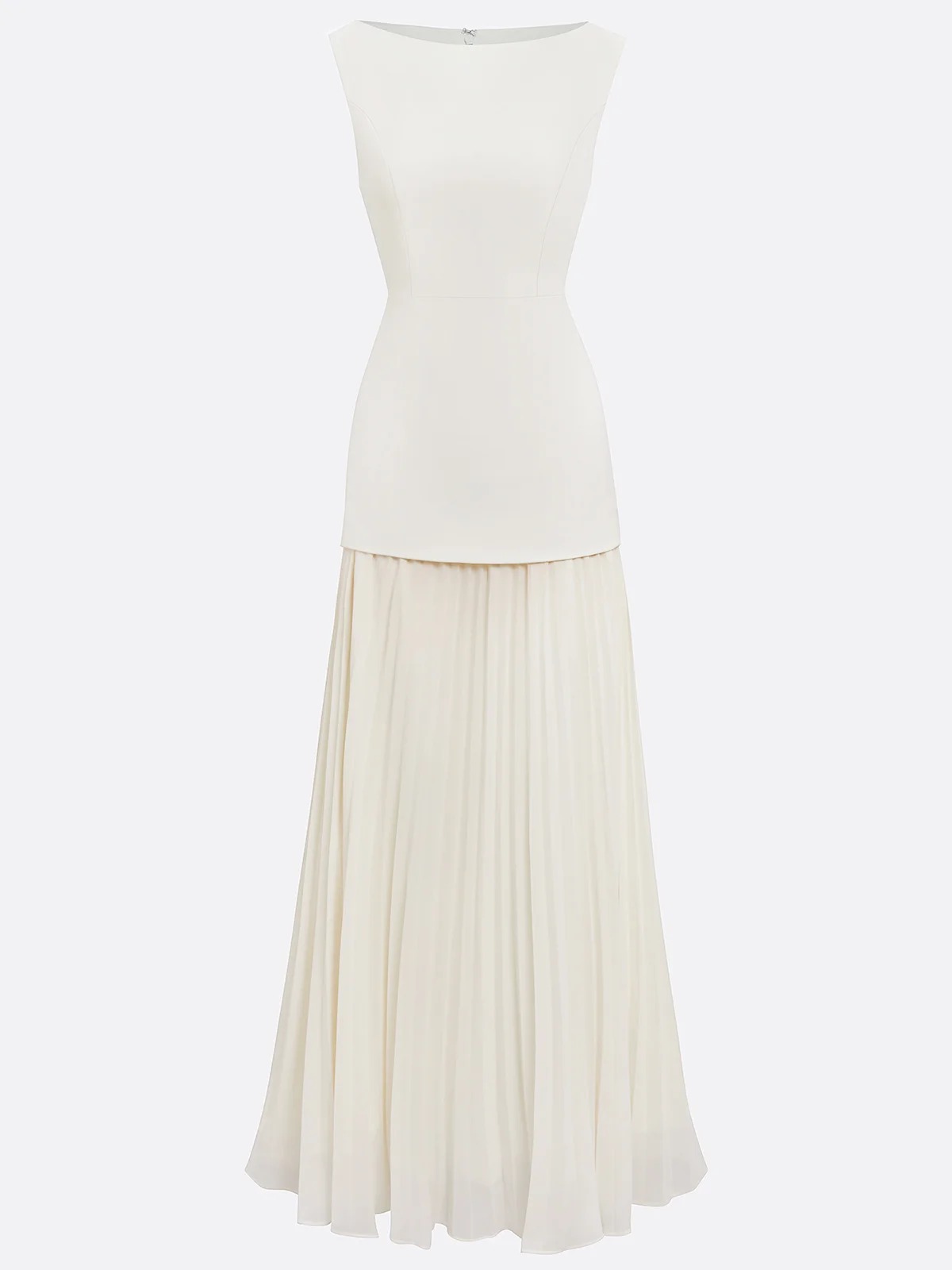White Pleated Classic Boat Neck Sleeveless A-Line Maxi Dress