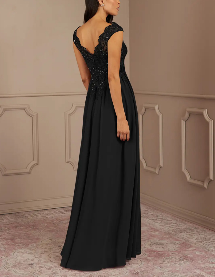 Black Sequined Chiffon A-Line V-Neck Maxi Dress