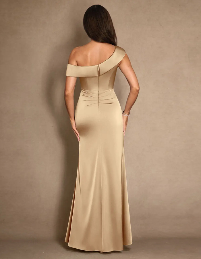 Champagne Pleated A-Line Stretch Satin Maxi Dress