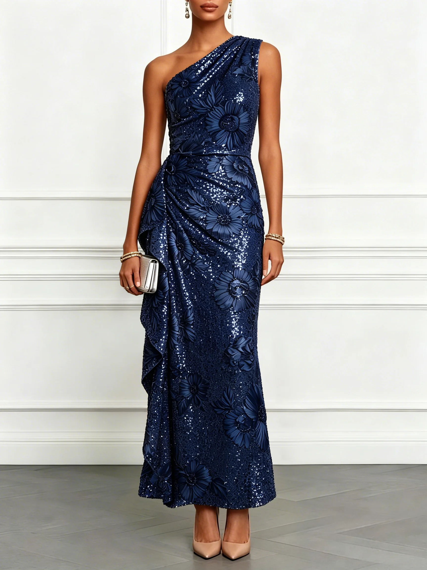Champagne Jacquard Sequin One Shoulder Sleeveless Mermaid Maxi Dress