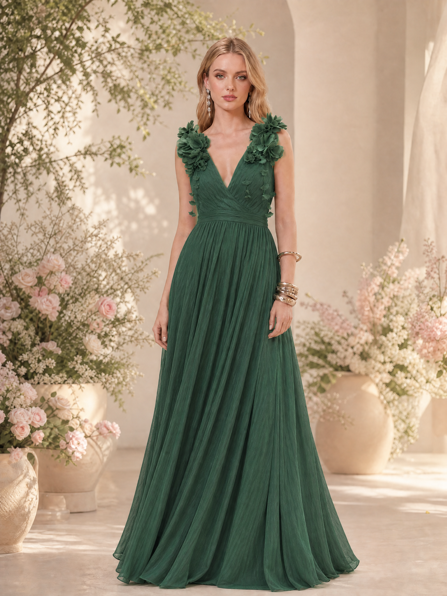 Dark Green V Neck 3D Floral Strap Flowy Maxi Dress