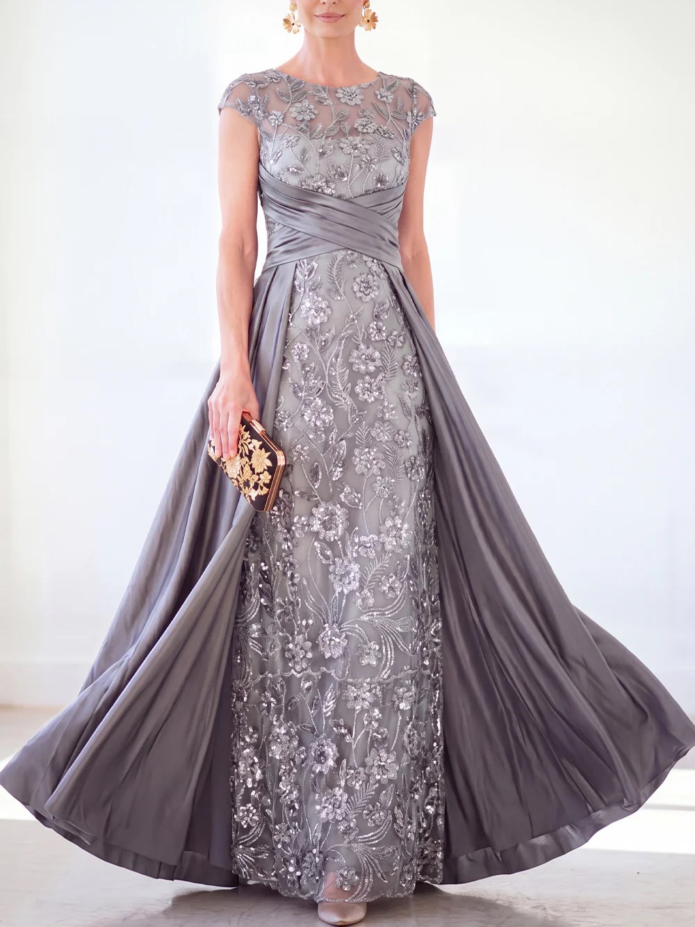 Sparkly Floral Dark Green Ruched Beaded Sheath Maxi Dress