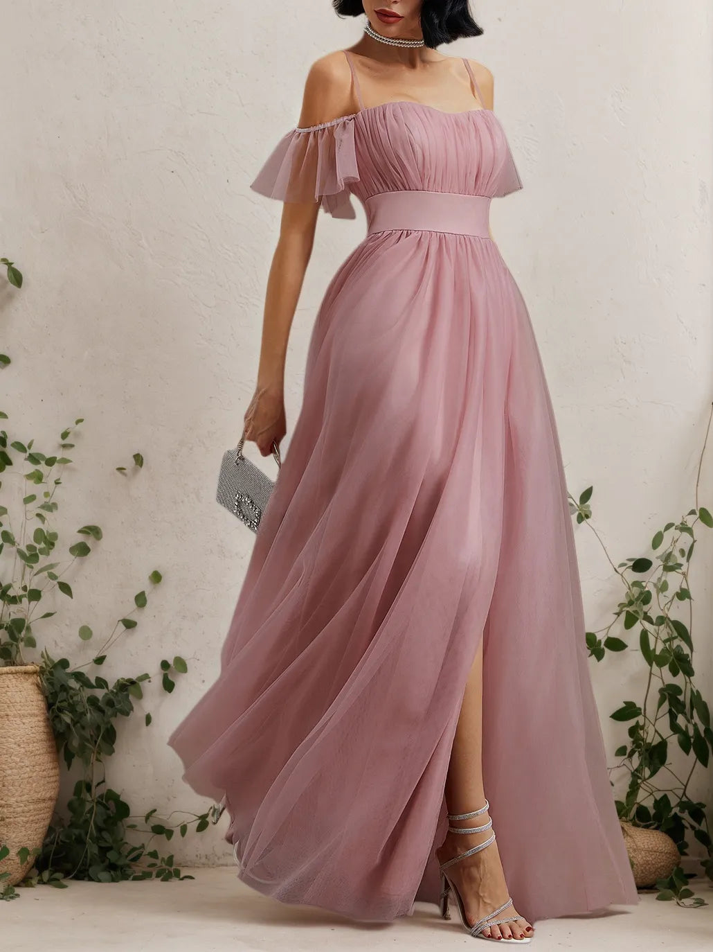 Pink Classic Off The Shoulder Short Sleeve A-Line Maxi Dress