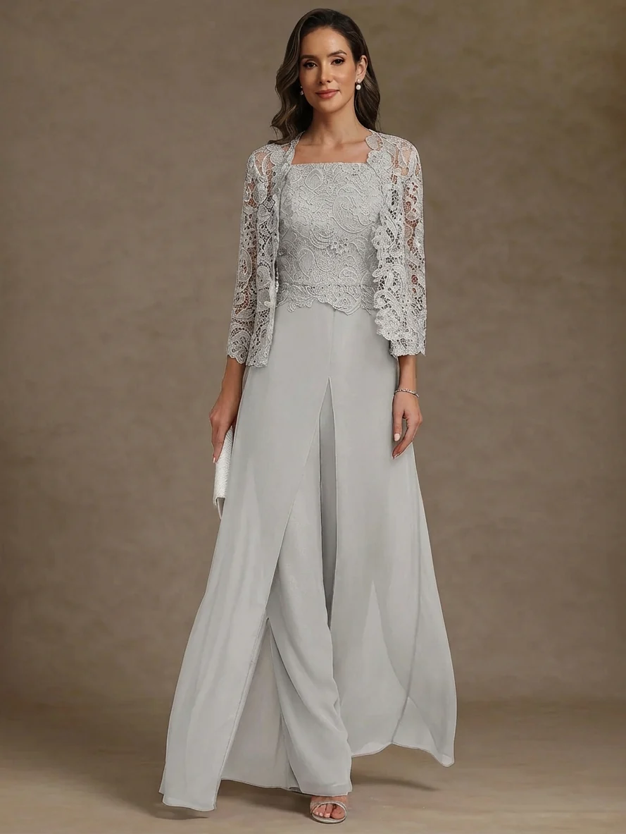 3 Pieces Square Collar Chiffon Mother of the Bride Pantsuits with Jacket Lace Ankle-Length with Overskirt 3/4 Sleeves