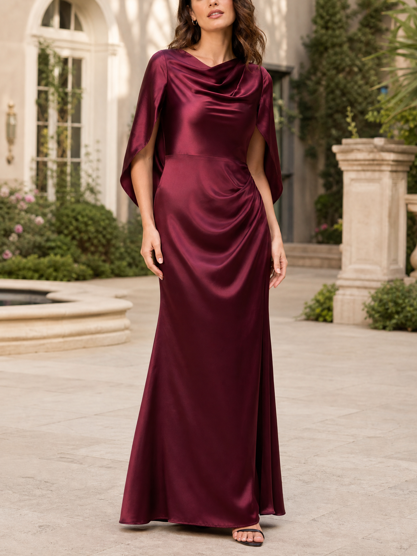 Burgundy Satin Cowl Neck Cape Sleeve Ruched Mermaid Maxi Dress