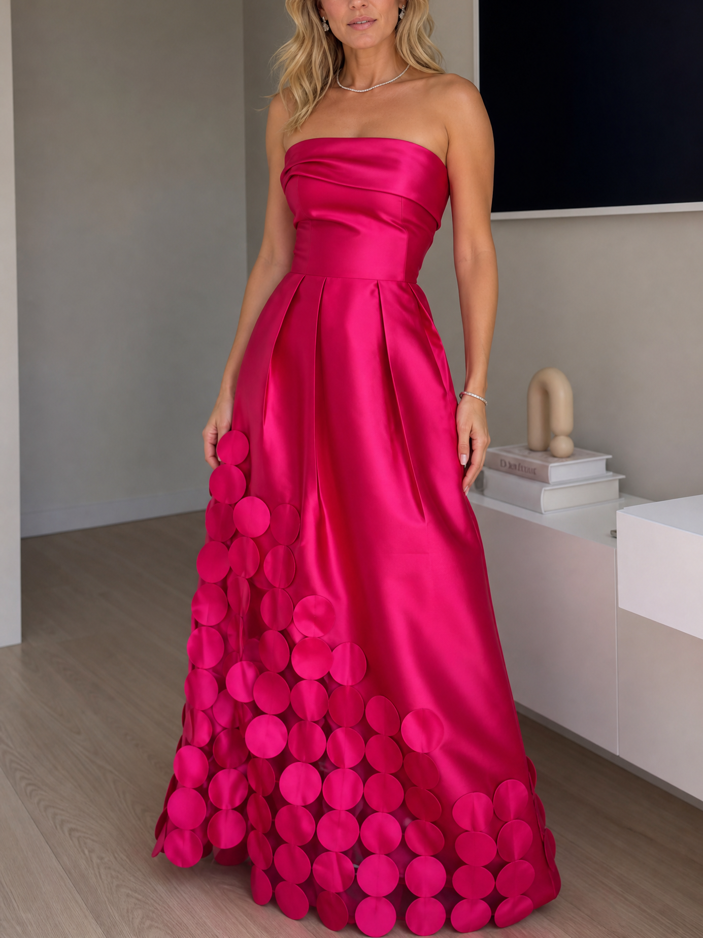 Hot Pink Strapless 3D Circle Appliqued A Line Maxi Dress
