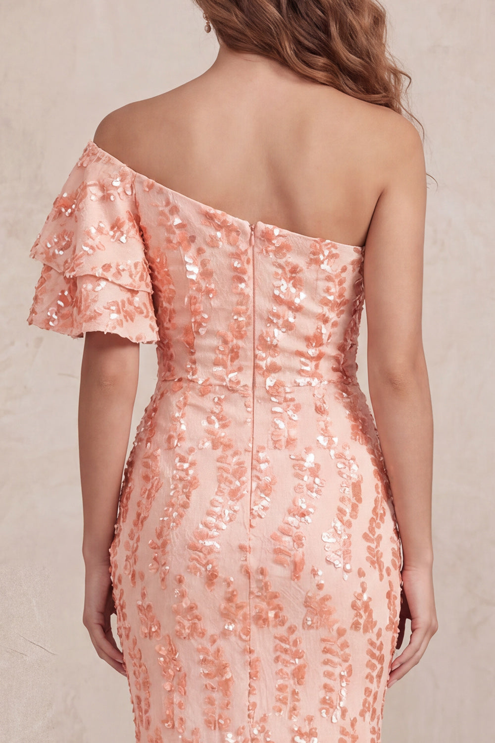 Peach Sequin One-Shoulder Midi Mermaid Dress with Ruffle Sleeve