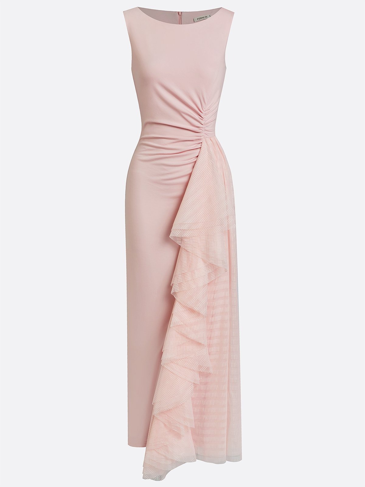 Blush Pink Sheath Maxi Ruched Sleeveless Knit and Mesh Bridesmaid Dress
