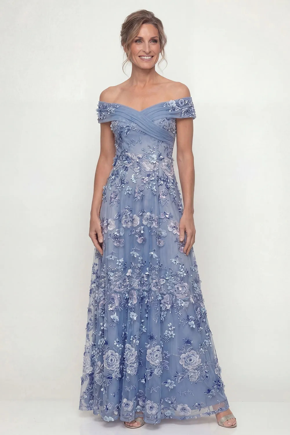 Sparkly Dusty Blue Off the Shoulder A Line Maxi Dress