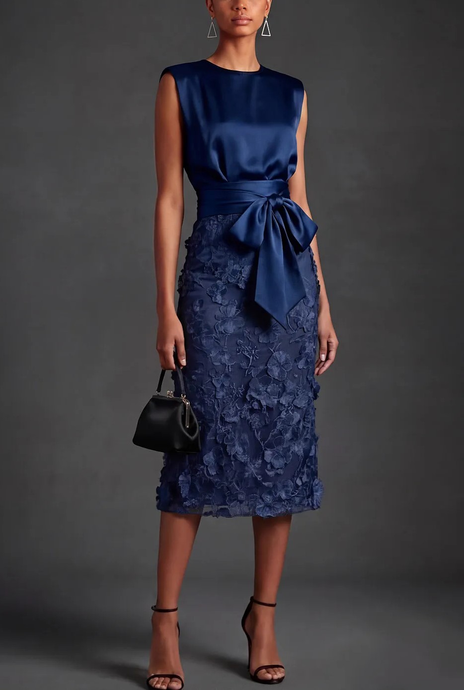 Navy Round Neck Sheath Satin Appliqued Midi Dress