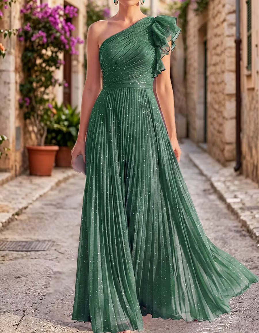 Chiffon Rhinestone One-Shoulder Pleated Waist Maxi Dress